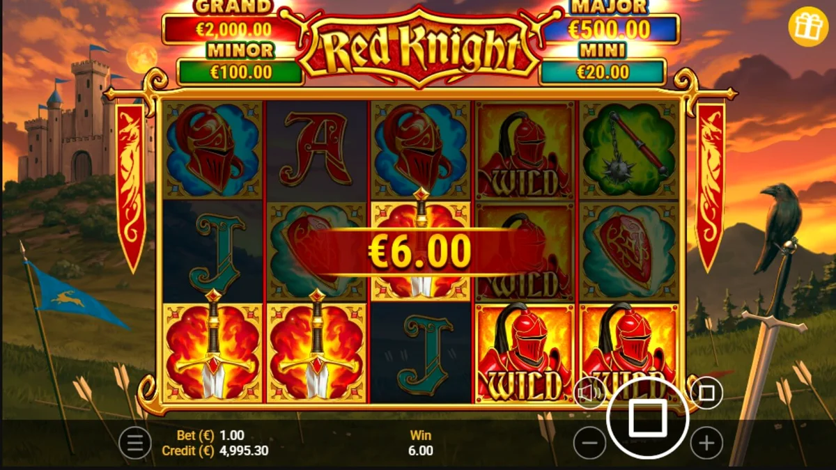 Pemandangan arena pertempuran slot Red Knight dengan elemen api dan ksatria.