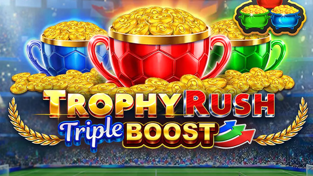 Tampilan visual slot Trophy Rush Triple Boost dengan elemen koin emas dan nuansa stadion